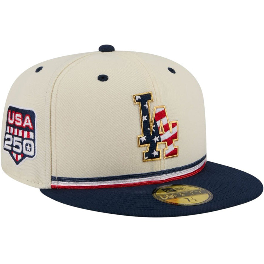ニューエラ キャップ 帽子 NEW ERA CAP 59FIFTY オンフィールド 2026 MLB Independence Day 4th of July 独立記念日 ロサンゼルス ドジャース クロームホワイト 14939275 左斜め前