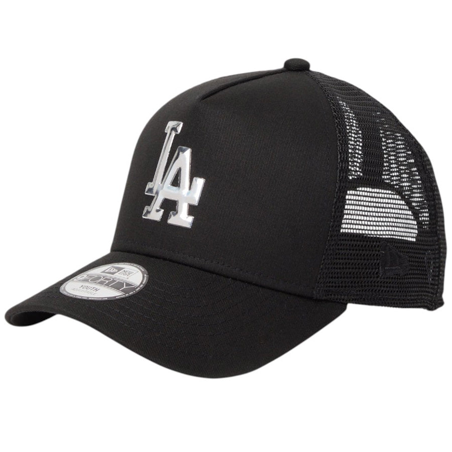 ニューエラ キャップ 帽子 NEW ERA KIDS キッズ Youth 9FORTY A-Frame トラッカー ロサンゼルス ドジャース TPUロゴ ブラック 14747012 右斜め前