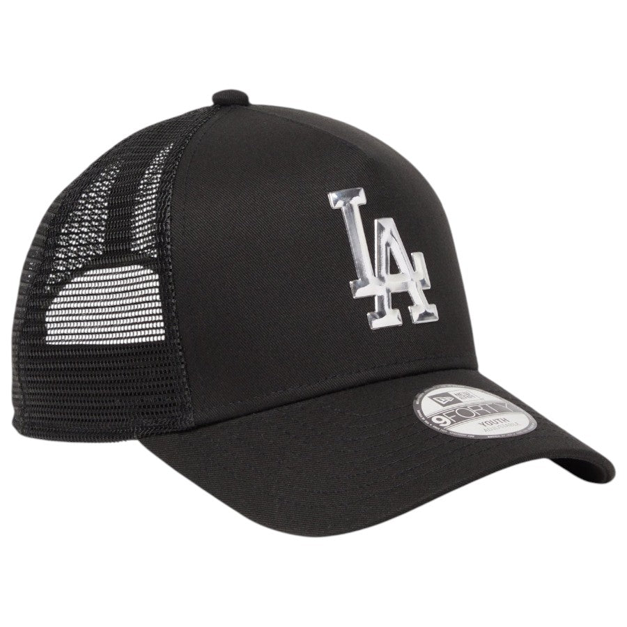 ニューエラ キャップ 帽子 NEW ERA KIDS キッズ Youth 9FORTY A-Frame トラッカー ロサンゼルス ドジャース TPUロゴ ブラック 14747012 左斜め前