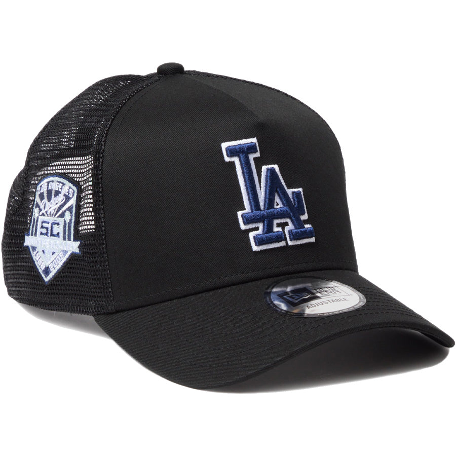 ニューエラ キャップ メッシュキャップ NEW ERA CAP 9FORTY A-Frame トラッカー MLB Side Patch サイドパッチ ロサンゼルス ドジャース ブラック 14744914 左斜め前