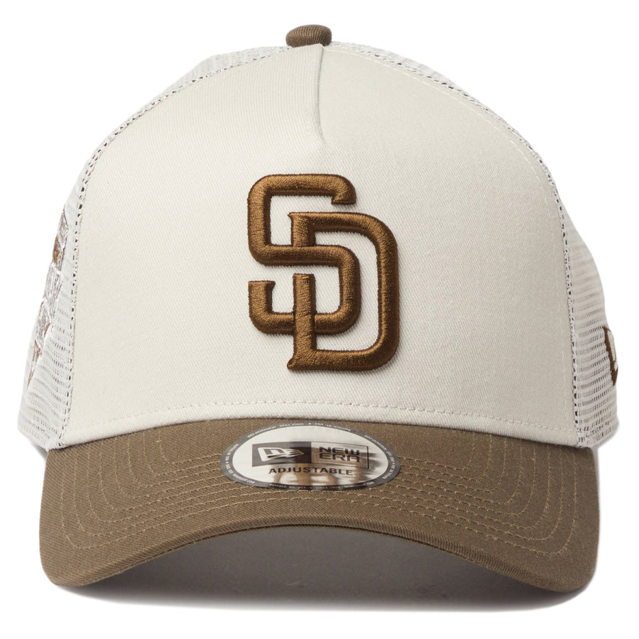 ニューエラ キャップ メッシュキャップ NEW ERA CAP 9FORTY A-Frame トラッカー MLB Side Patch サイドパッチ サンディエゴ パドレス ストーン/モス 14744879 正面