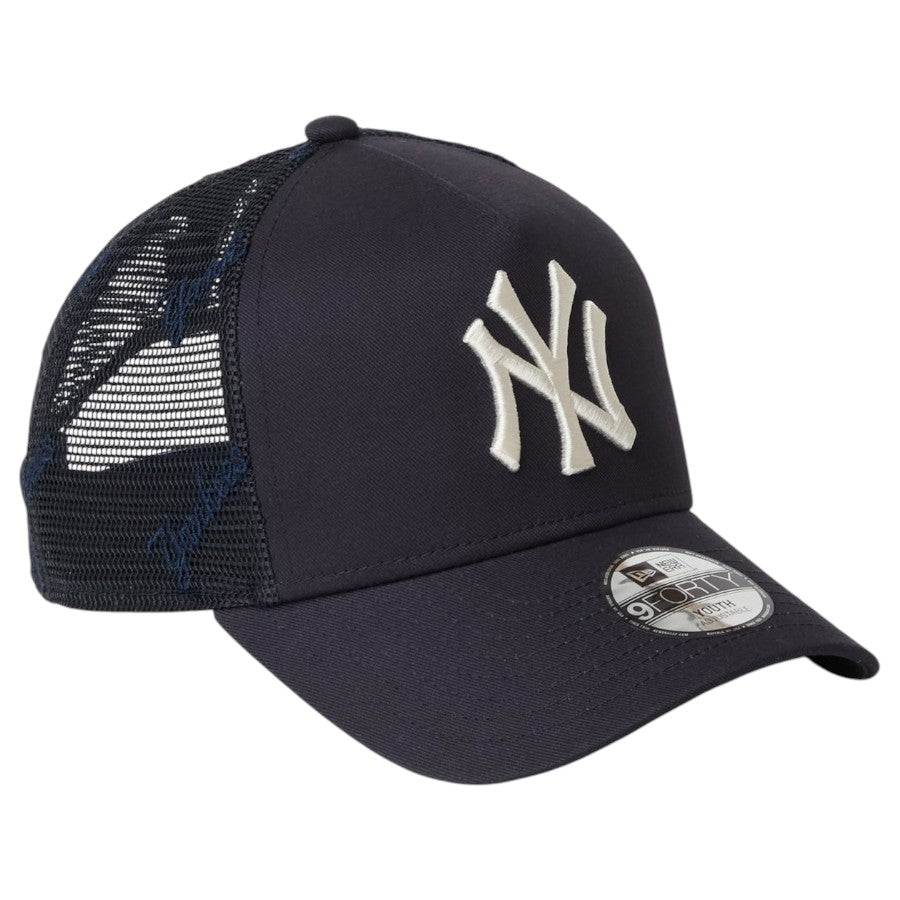ニューエラ キャップ 帽子 NEW ERA CAP KIDS キッズ Youth 9FORTY A-Frame トラッカー ニューヨーク ヤンキース MLB Embroidered Mesh ネイビー 14747009 左斜め前