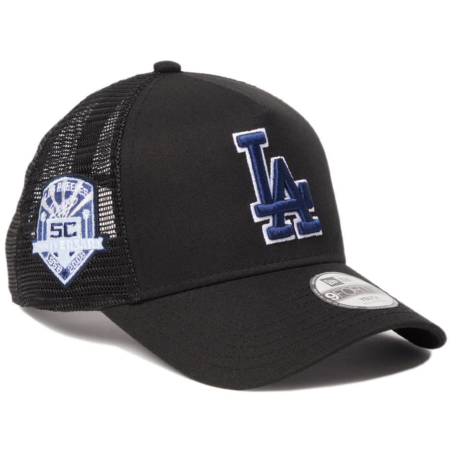 ニューエラ キャップ 帽子 NEW ERA CAP KIDS キッズ Youth 9FORTY A-Frame トラッカー MLB Side Patch サイドパッチ ロサンゼルス ドジャース ブラック 14747013 左斜め前