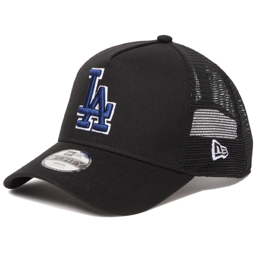 ニューエラ キャップ 帽子 NEW ERA CAP KIDS キッズ Youth 9FORTY A-Frame トラッカー MLB Side Patch サイドパッチ ロサンゼルス ドジャース ブラック 14747013 右斜め前