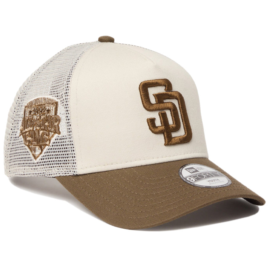 ニューエラ キャップ 帽子 NEW ERA CAP KIDS キッズ Youth 9FORTY A-Frame トラッカー MLB Side Patch サイドパッチ サンディエゴ パドレス ストーン/モス 14747003 左斜め前