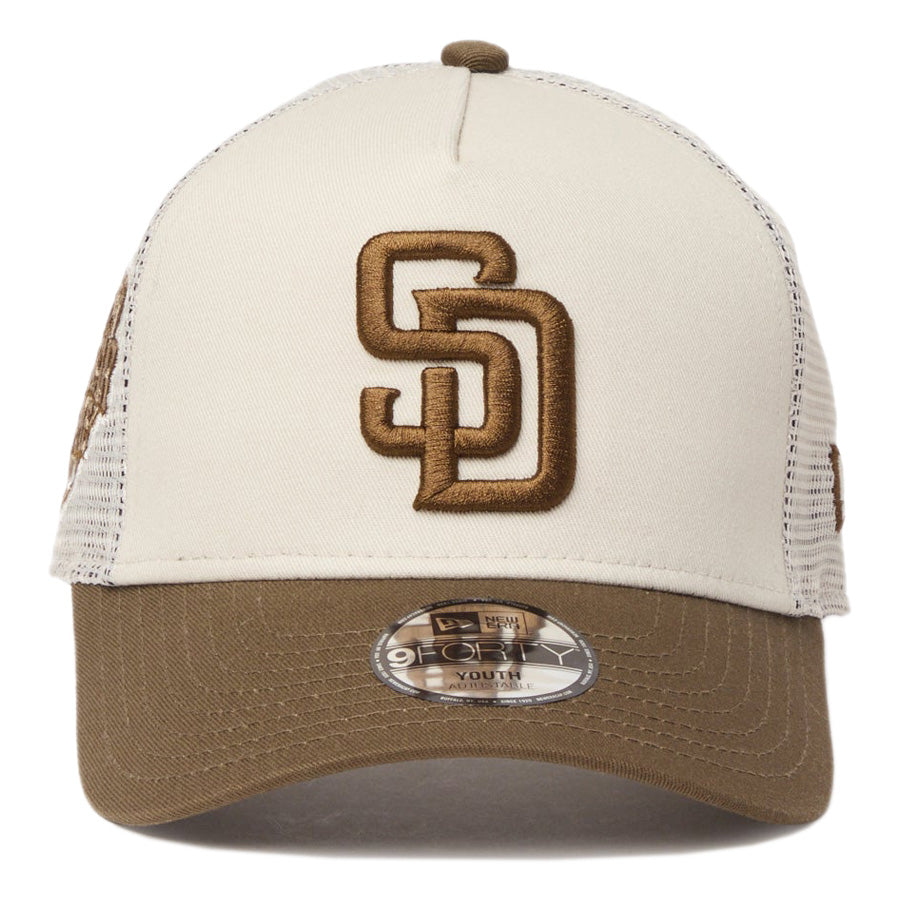 ニューエラ キャップ 帽子 NEW ERA CAP KIDS キッズ Youth 9FORTY A-Frame トラッカー MLB Side Patch サイドパッチ サンディエゴ パドレス ストーン/モス 14747003 正面