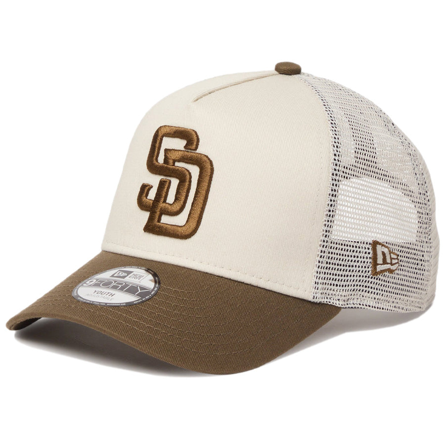 ニューエラ キャップ 帽子 NEW ERA CAP KIDS キッズ Youth 9FORTY A-Frame トラッカー MLB Side Patch サイドパッチ サンディエゴ パドレス ストーン/モス 14747003 右斜め前